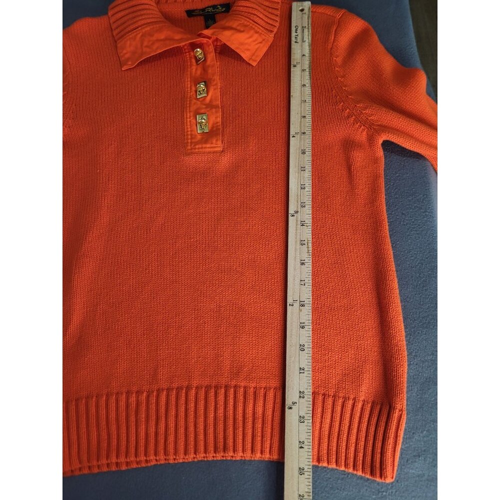 LRL Lauren Ralph Lauren Women L Orange Sweater Gold Turn Lock Preppy Old Money - Picture 6 of 6